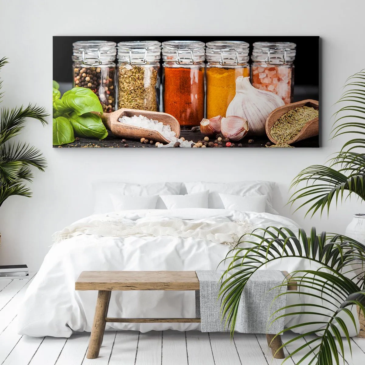 Impression sur toile - Image sur toile - Herbes et épices dans des bocaux en verre sur fond sombre - 140x50cm - Pour que la vie ait du goût - Décoration murale moderne pour le salon et la chambre ARTTOR