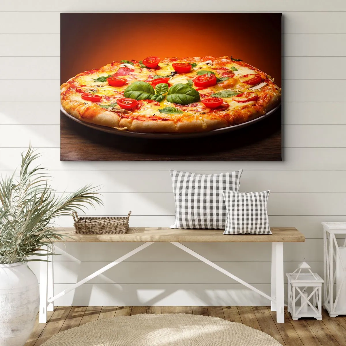 Impression sur toile - Image sur toile - Pizza aux tomates et au basilic sur une table en bois - 120x80cm - Mamma mia! - Décoration murale moderne pour le salon et la chambre ARTTOR