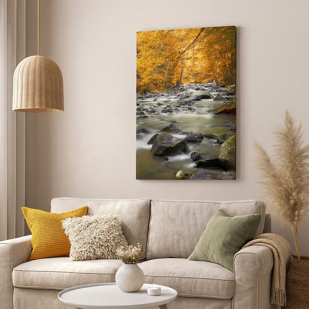 Impression sur toile - Image sur toile - Un ruisseau dans une forêt d'automne entouré de feuilles dorées - 50x70cm - Un ruisseau dans une forêt dorée - Décoration murale moderne pour le salon et la chambre ARTTOR