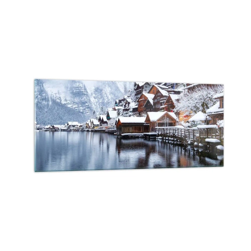 Impression sur verre - Image sur verre - Vue hivernale d'un village de montagne au bord du lac - 120x50cm - En décoration hivernale - Décoration murale moderne pour le salon et la chambre ARTTOR