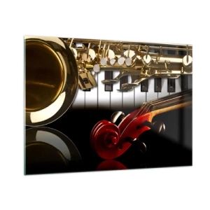 Impression sur verre - Image sur verre - Saxophone, clavier et archet dans une composition artistique - 100x70cm - Tôle, bois et ivoire - Décoration murale moderne pour le salon et la chambre ARTTOR