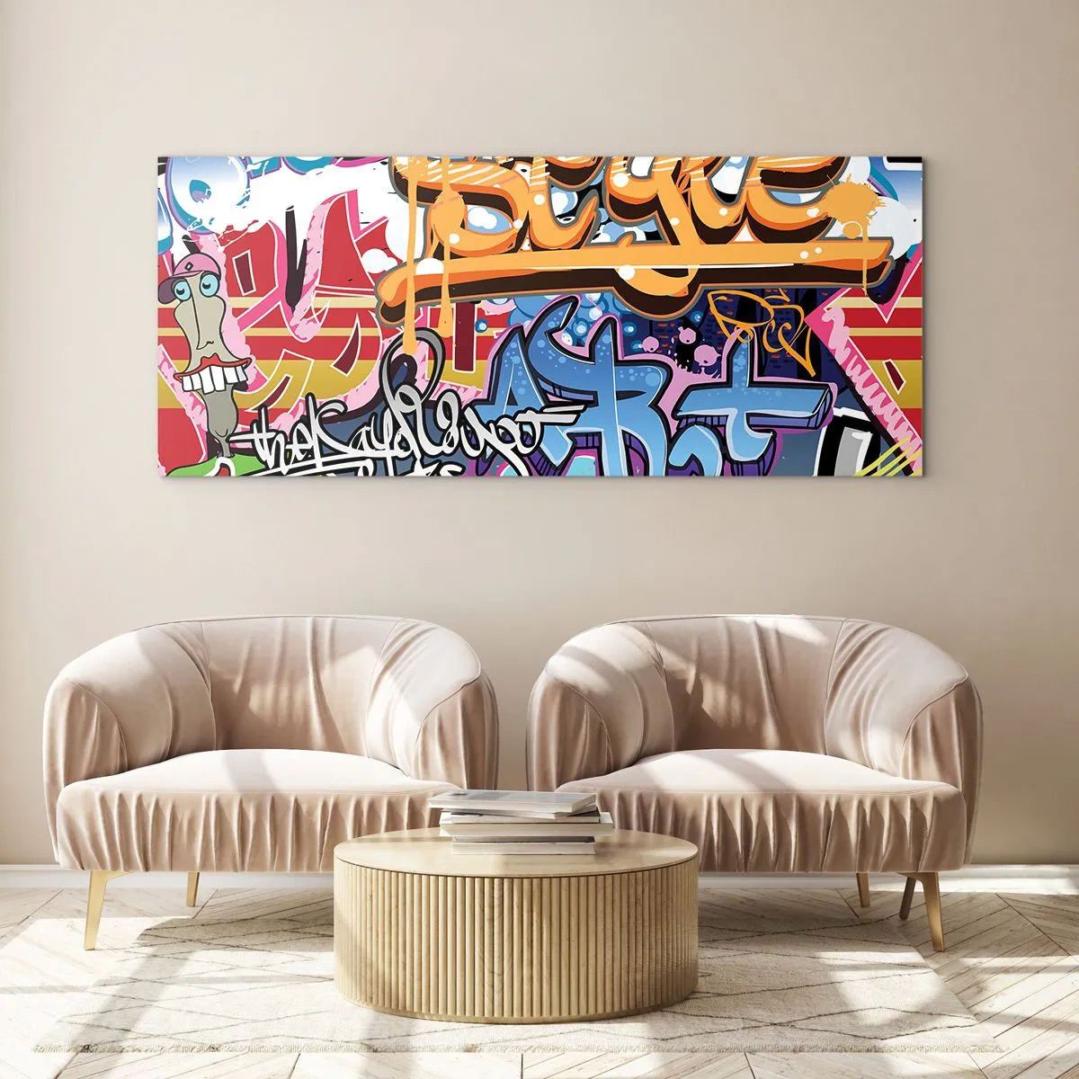 Impression sur verre - Image sur verre - Graffitis colorés avec inscriptions et illustrations dynamiques - 120x50cm - Fresques, fresques, fresques… - Décoration murale moderne pour le salon et la chambre ARTTOR