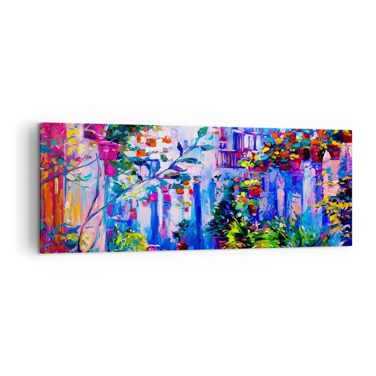 Impression sur toile - Image sur toile - Une rue colorée pleine de fleurs - 140x50cm - Impression - une rue italienne - Décoration murale moderne pour le salon et la chambre ARTTOR