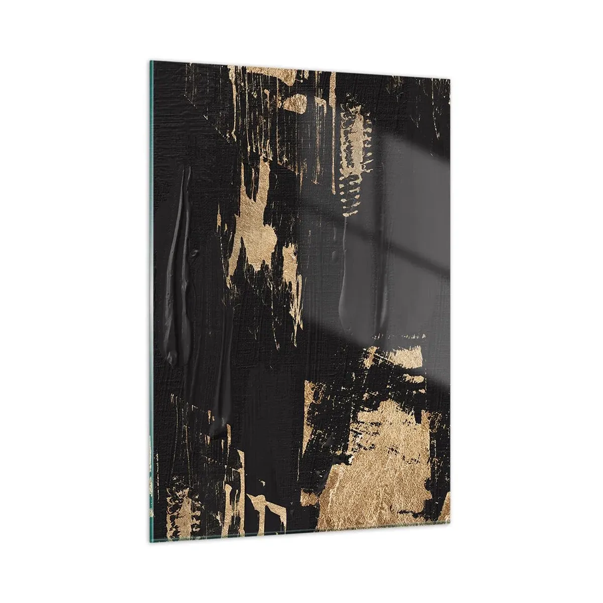 Impression sur verre - Image sur verre - Abstraction noire et dorée avec une texture semblable à un coup de pinceau - 50x70cm - Empreinte du toucher - Décoration murale moderne pour le salon et la chambre ARTTOR