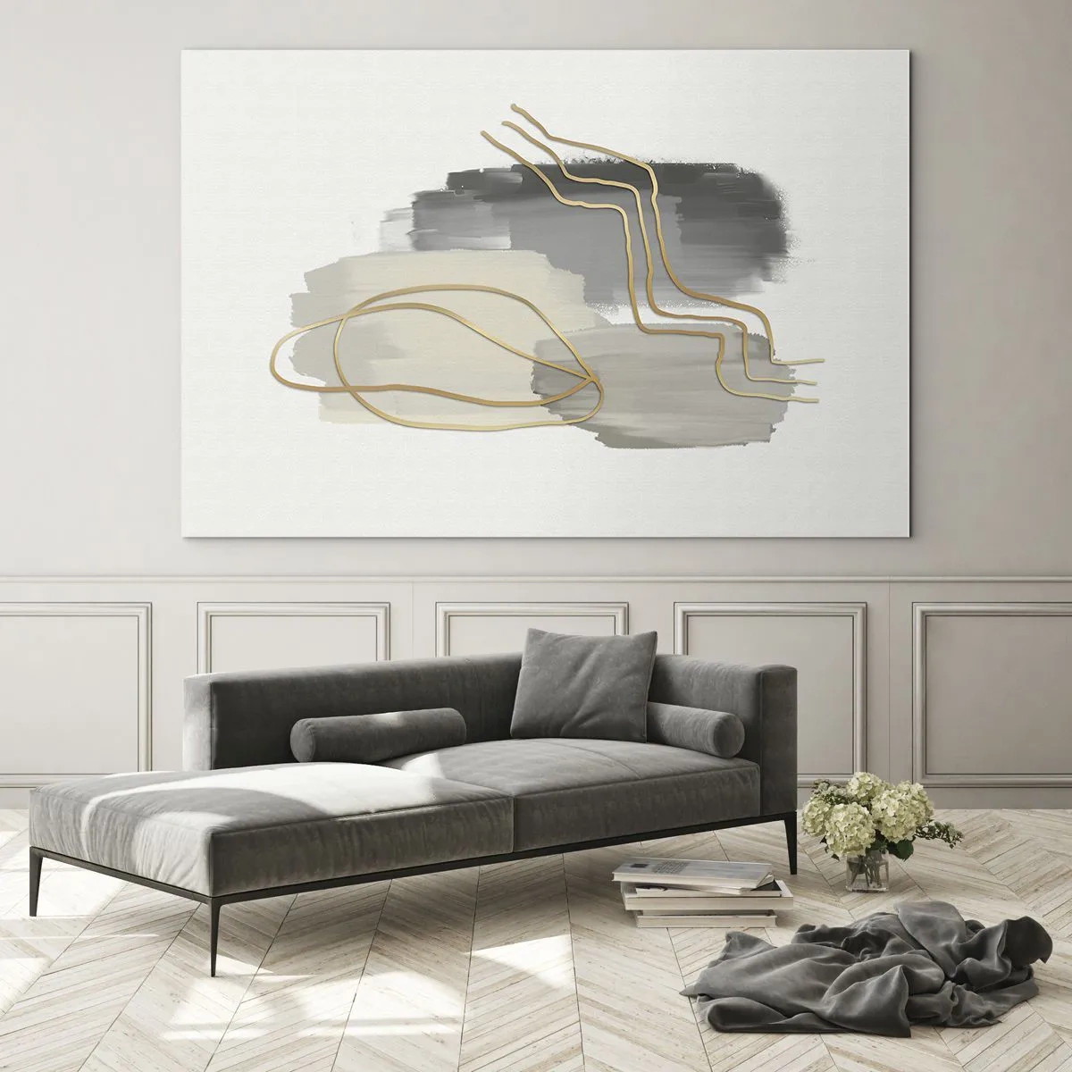 Impression sur verre - Image sur verre - Abstraction avec des taches grises et des lignes dorées sur un fond clair - 70x50cm - Durée et mouvement - Décoration murale moderne pour le salon et la chambre ARTTOR
