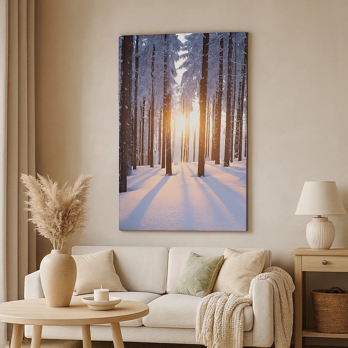 Impression sur toile - Image sur toile - Forêt d'hiver illuminée par les rayons du soleil - 50x70cm - Clairement en noir et blanc - Décoration murale moderne pour le salon et la chambre ARTTOR