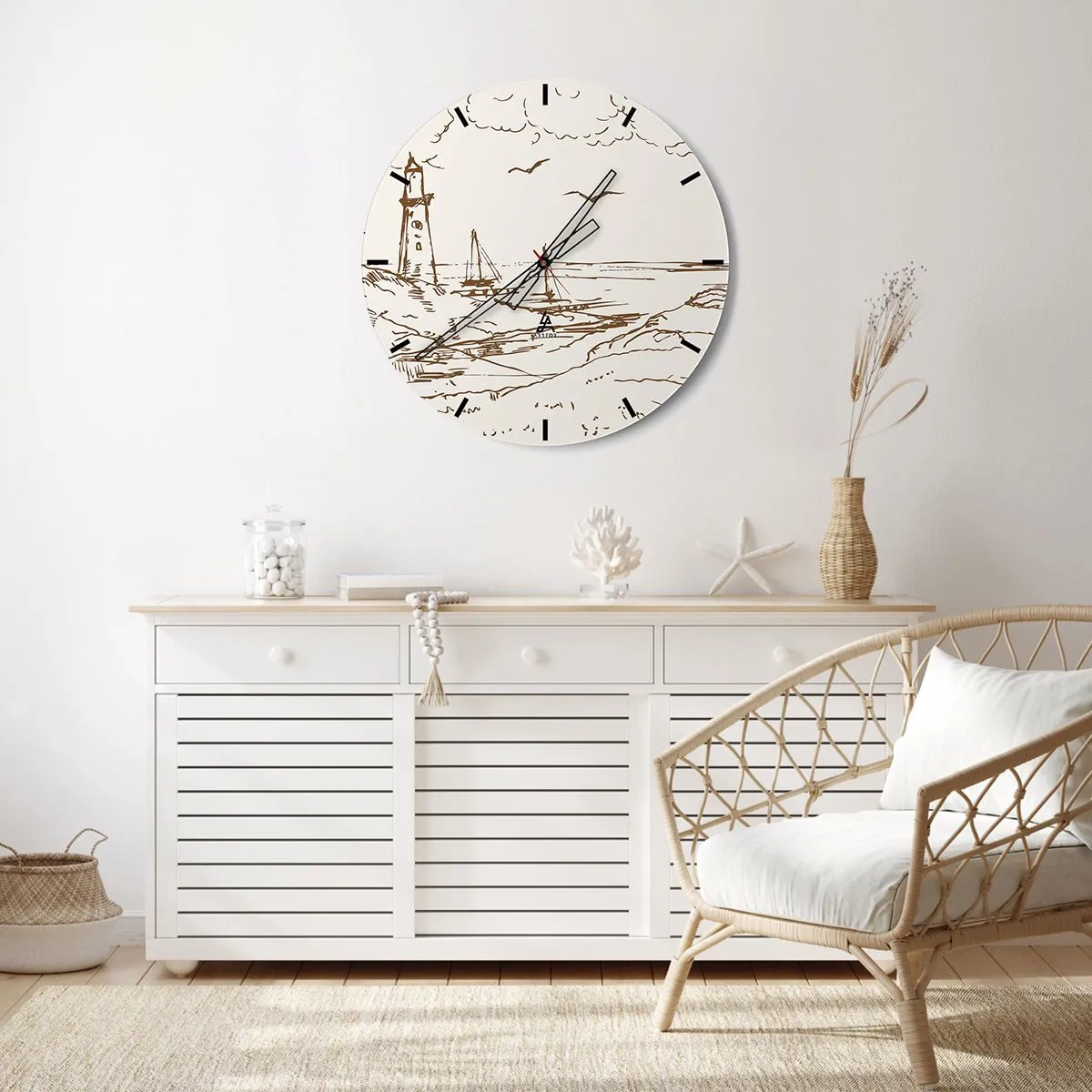 Horloge murale - Pendule murale - Illustration d'un phare avec un voilier et des oiseaux contre le ciel - 30x30cm - Esquisse de souvenirs d'été - Décoration murale moderne pour le salon, la cuisine et la chambre ARTTOR