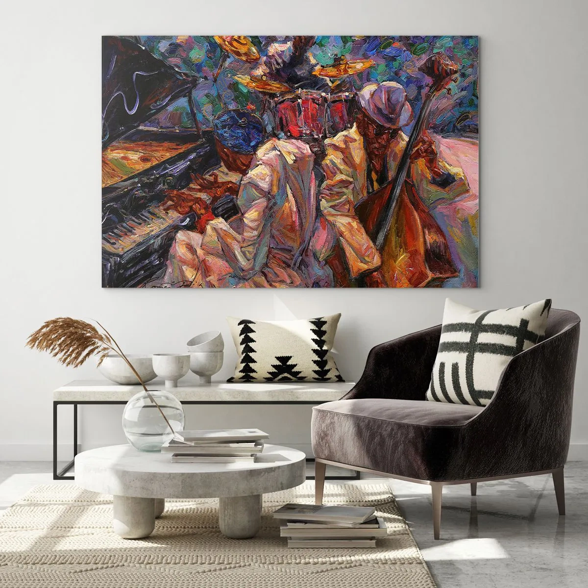 Impression sur verre - Image sur verre - Une scène de jazz colorée avec des musiciens et des instruments - 100x70cm - Dans le même tempo - Décoration murale moderne pour le salon et la chambre ARTTOR