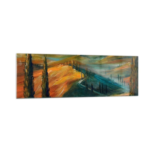 Impression sur verre - Image sur verre - Paysage toscan avec champs, route et cyprès - 160x50cm - paysage toscan - Décoration murale moderne pour le salon et la chambre ARTTOR
