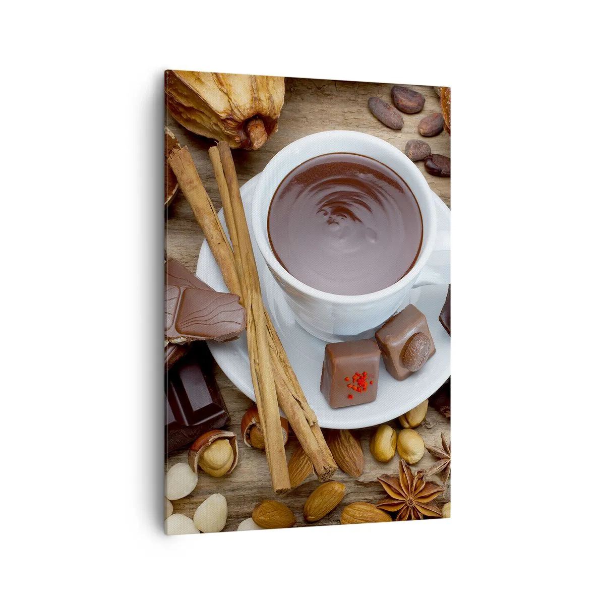 Impression sur toile - Image sur toile - Une tasse de chocolat chaud entourée d'ingrédients de dessert - 70x100cm - D'une chocolaterie de conte de fées - Décoration murale moderne pour le salon et la chambre ARTTOR
