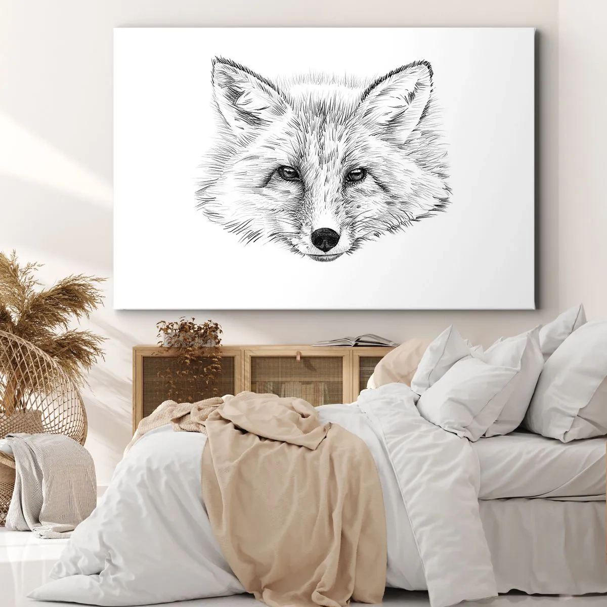 Impression sur toile - Image sur toile - Dessin en noir et blanc d'une tête de renard sur fond blanc - 100x70cm - Ces yeux peuvent-ils mentir ? - Décoration murale moderne pour le salon et la chambre ARTTOR