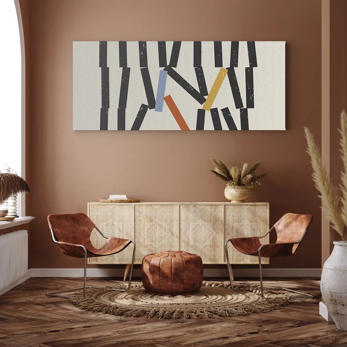Impression sur toile - Image sur toile - Composition abstraite avec des rectangles colorés et noirs - 140x50cm - Dominos – composition - Décoration murale moderne pour le salon et la chambre ARTTOR