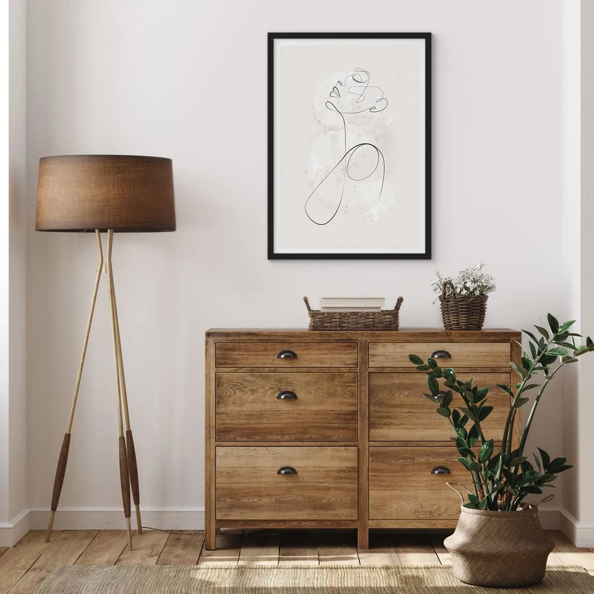 Affiche dans un cadre noir - Poster - La ligne de contour de la figure sur fond de formes pastel délicates - 50x70cm - Spirale de beauté - Décoration murale moderne pour le salon et la chambre ARTTOR