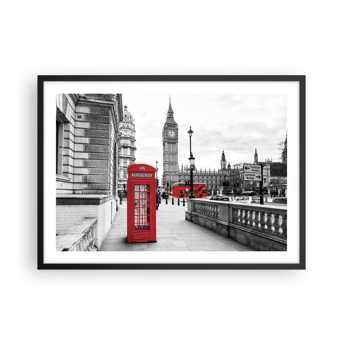 Affiche dans un cadre noir - Poster - Une cabine téléphonique rouge avec Big Ben en arrière-plan à Londres - 70x50cm - Sans aucun doute Londres - Décoration murale moderne pour le salon et la chambre ARTTOR