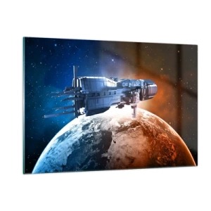 Impression sur verre - Image sur verre - Un vaisseau spatial en orbite autour d'une planète à la lumière des étoiles - 120x80cm - Un observateur attentif - Décoration murale moderne pour le salon et la chambre ARTTOR