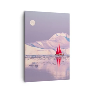 Impression sur toile - Image sur toile - Une voile rouge sur fond de montagnes glacées et de pleine lune. - 50x70cm - La chaleur de la voile, le froid de la glace - Décoration murale moderne pour le salon et la chambre ARTTOR