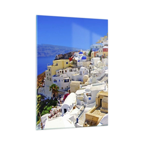 Impression sur verre - Image sur verre - Santorin avec des maisons blanches contre un ciel bleu - 50x70cm - Le rêve d'un été grec - Décoration murale moderne pour le salon et la chambre ARTTOR