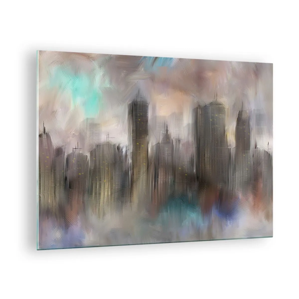 Impression sur verre - Image sur verre - Image abstraite d'une ville avec des gratte-ciel - 70x50cm - Une composition d'acier, de pierre et de brouillard - Décoration murale moderne pour le salon et la chambre ARTTOR