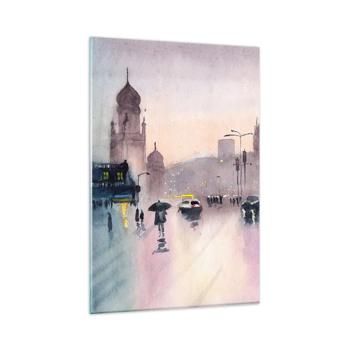 Impression sur verre - Image sur verre - Une rue de la ville au crépuscule dans un style aquarelle - 80x120cm - Dans une brume pluvieuse - Décoration murale moderne pour le salon et la chambre ARTTOR