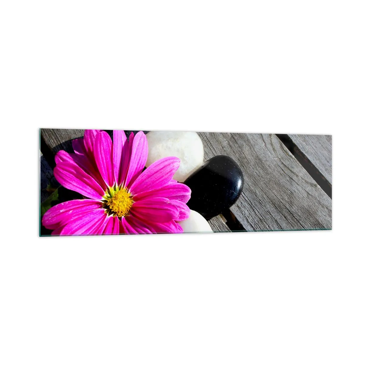 Impression sur verre - Image sur verre - Fleur rose sur un fond de planches de bois avec des pierres - 160x50cm - Repos sur la jetée - Décoration murale moderne pour le salon et la chambre ARTTOR