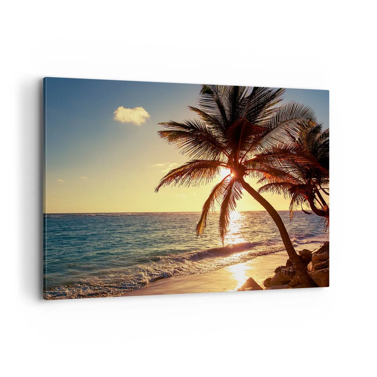 Impression sur toile - Image sur toile - Coucher de soleil tropical sur une plage avec des palmiers - 100x70cm - L'été sous les palmiers - Décoration murale moderne pour le salon et la chambre ARTTOR