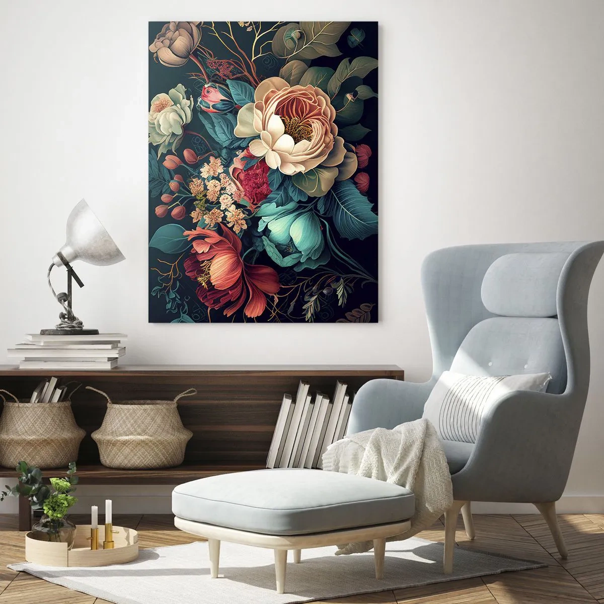 Impression sur verre - Image sur verre - Une composition colorée de fleurs sur un fond sombre - 80x120cm - le charme du 19ème siècle - Décoration murale moderne pour le salon et la chambre ARTTOR