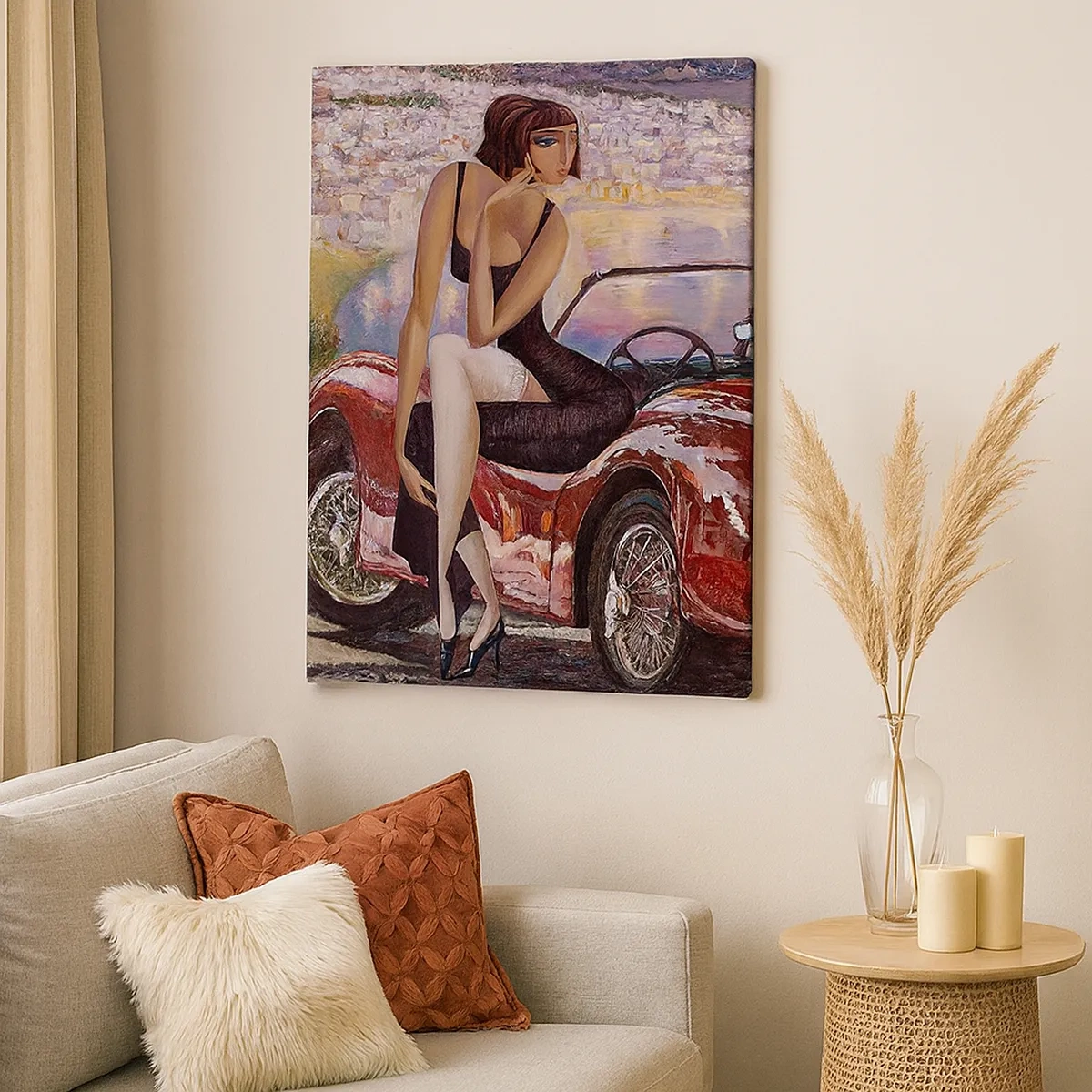 Impression sur toile - Image sur toile - Une femme près d'une voiture rouge avec une ville en arrière-plan - 50x70cm - L'été? Uniquement sur la Côte d'Azur - Décoration murale moderne pour le salon et la chambre ARTTOR