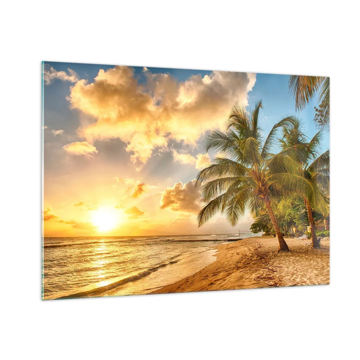 Impression sur verre - Image sur verre - Palm Beach au coucher du soleil avec des couleurs chaudes du ciel - 100x70cm - Été éternel, toujours des vacances - Décoration murale moderne pour le salon et la chambre ARTTOR