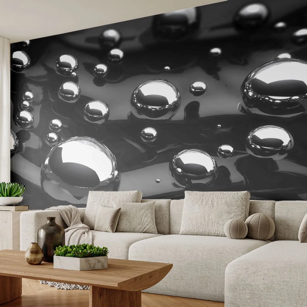 Papier Peint Photo Premium Sand - Gouttes métalliques sur une surface noire - 100x70cm - D'un ton noir - Décoration murale moderne pour le salon et la chambre ARTTOR