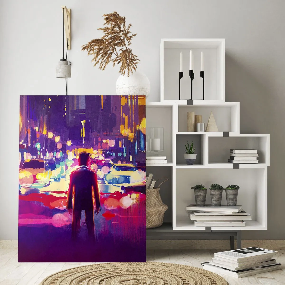 Impression sur verre - Image sur verre - Un homme dans une scène nocturne de ville au néon - 70x100cm - Immergé dans la lumière - Décoration murale moderne pour le salon et la chambre ARTTOR