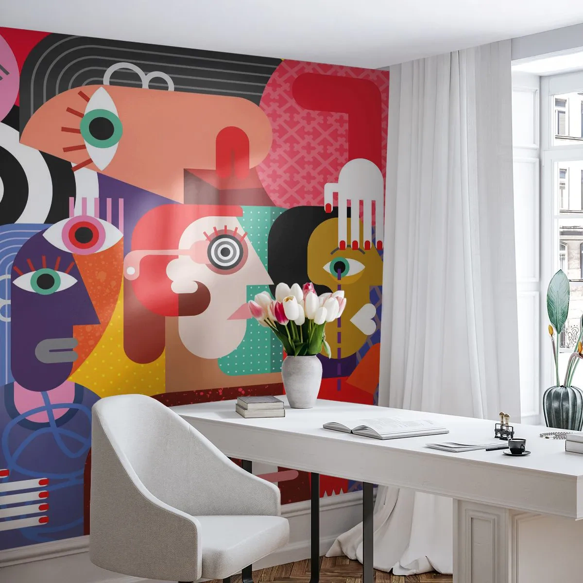 Papier Peint Photo Premium Sand - Une composition abstraite colorée dans le style du cubisme - 100x70cm - Nous par M. Picasso - Décoration murale moderne pour le salon et la chambre ARTTOR
