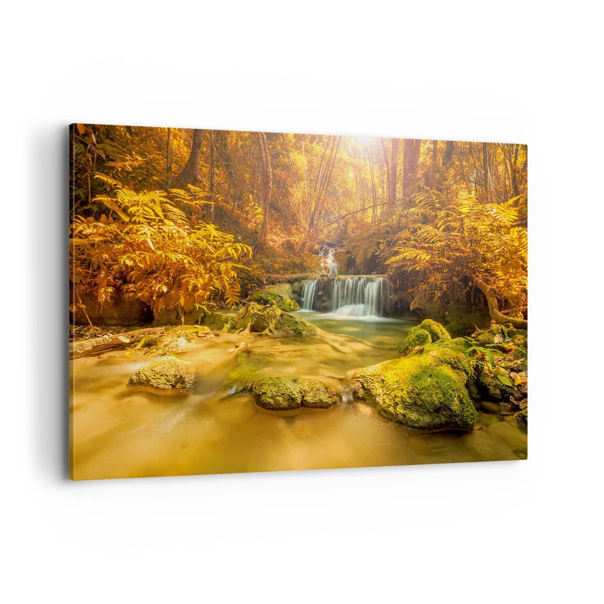 Impression sur toile - Image sur toile - Une cascade dorée dans une forêt d'automne entourée de verdure - 120x80cm - Cascade de forêt en or - Décoration murale moderne pour le salon et la chambre ARTTOR