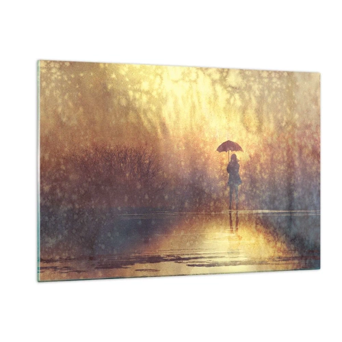 Impression sur verre - Image sur verre - Une silhouette avec un parapluie à la lumière du soleil couchant et de la pluie - 120x80cm - Je sens que quelqu'un me regarde - Décoration murale moderne pour le salon et la chambre ARTTOR