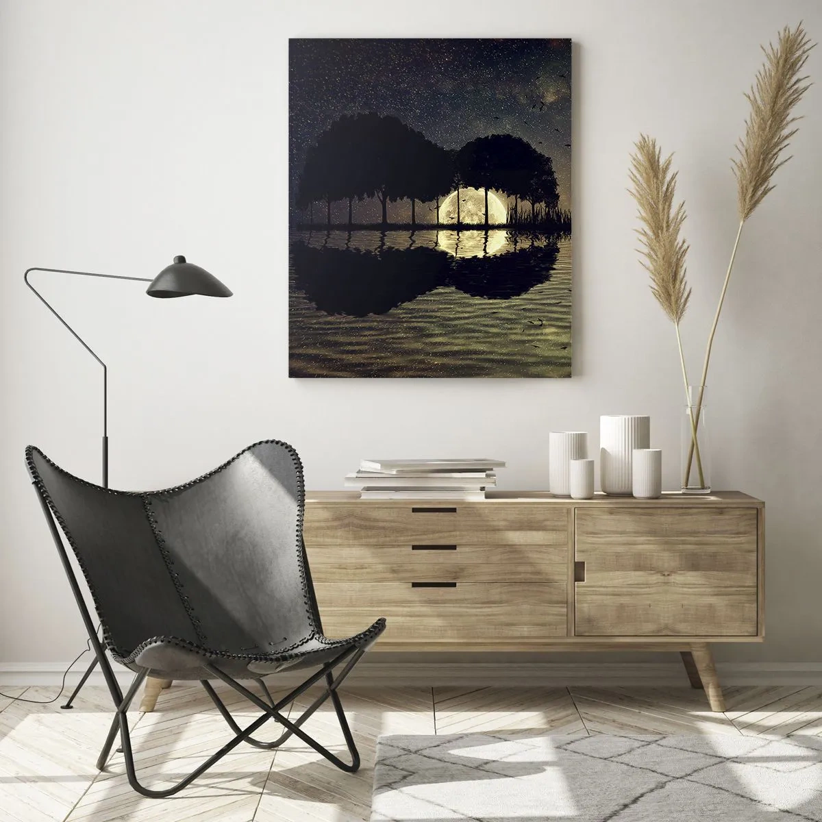 Impression sur verre - Image sur verre - Une nuit magique avec des arbres et la lune se reflétant sur l'eau - 70x100cm - Nuit au bout du monde - Décoration murale moderne pour le salon et la chambre ARTTOR