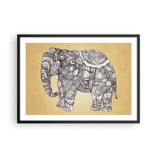 Affiche dans un cadre noir - Poster - Éléphant dessiné à la main avec un motif orné sur un fond beige - 70x50cm - L'éléphant s'est apprêté - Décoration murale moderne pour le salon et la chambre ARTTOR