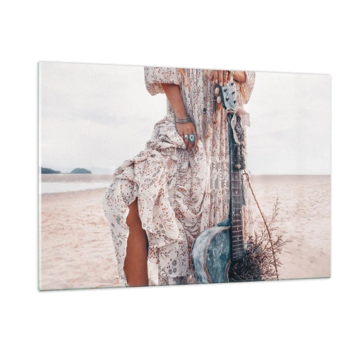 Impression sur verre - Image sur verre - Femme de style bohème avec guitare sur une plage déserte - 120x80cm - Enfant de fleur en route - Décoration murale moderne pour le salon et la chambre ARTTOR