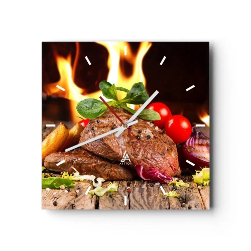 Horloge murale - Pendule murale - Steak grillé avec accompagnements sur fond de flammes - 30x30cm - Ensorcelé par la braise - Décoration murale moderne pour le salon et la chambre ARTTOR