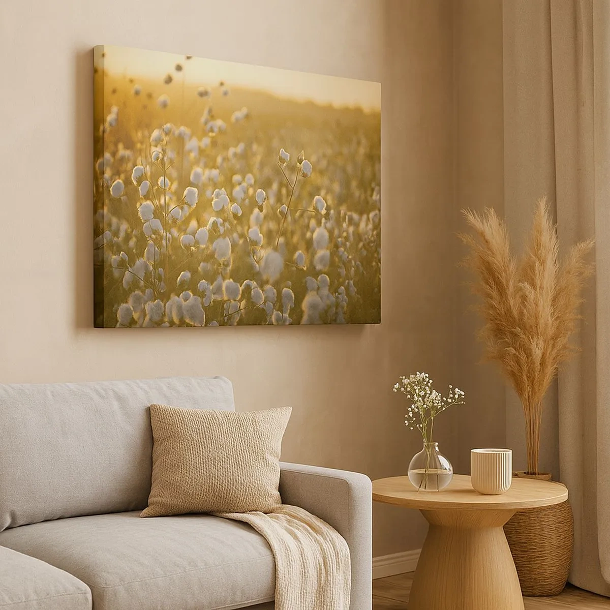 Impression sur toile - Image sur toile - Un champ de coton dans la chaude lumière du soleil couchant - 70x50cm - Champ moelleux - Décoration murale moderne pour le salon et la chambre ARTTOR