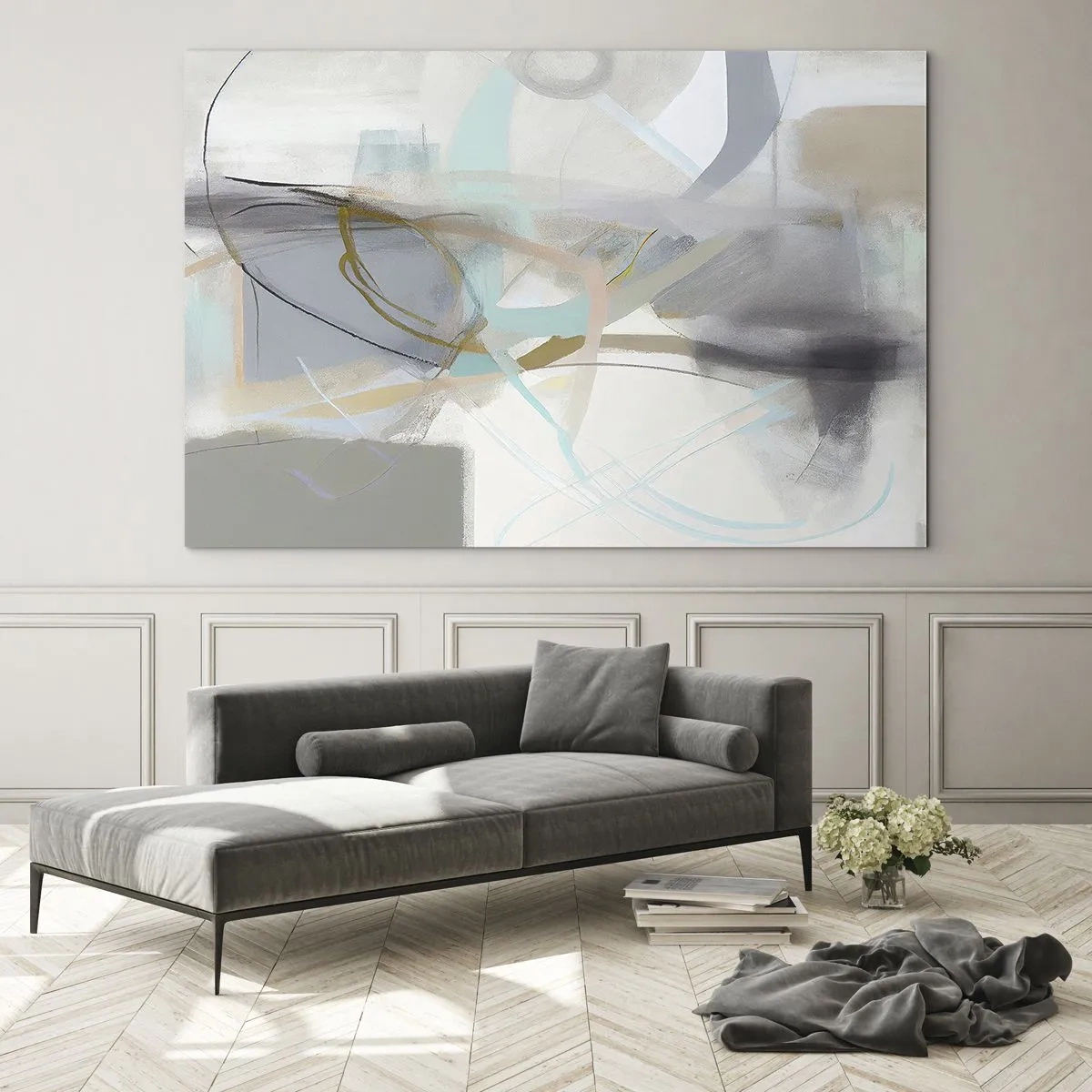 Impression sur verre - Image sur verre - Une abstraction brumeuse avec des accents pastel et graphite. - 120x80cm - Abstraction brumeuse - Décoration murale moderne pour le salon et la chambre ARTTOR