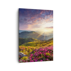 Impression sur toile - Image sur toile - Paysage de montagne avec des rhododendrons en fleurs - 50x70cm - Fraîcheur matinale en montagne - Décoration murale moderne pour le salon et la chambre ARTTOR