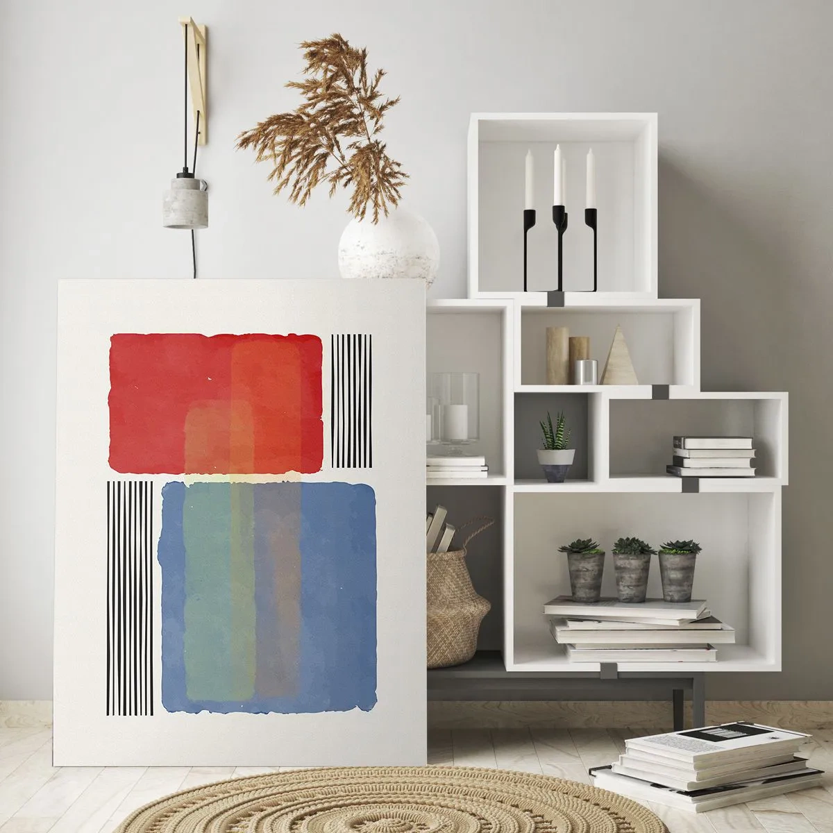 Impression sur verre - Image sur verre - Composition géométrique avec des rectangles rouges et bleus - 50x70cm - Esprit et lettre de la géométrie - Décoration murale moderne pour le salon et la chambre ARTTOR