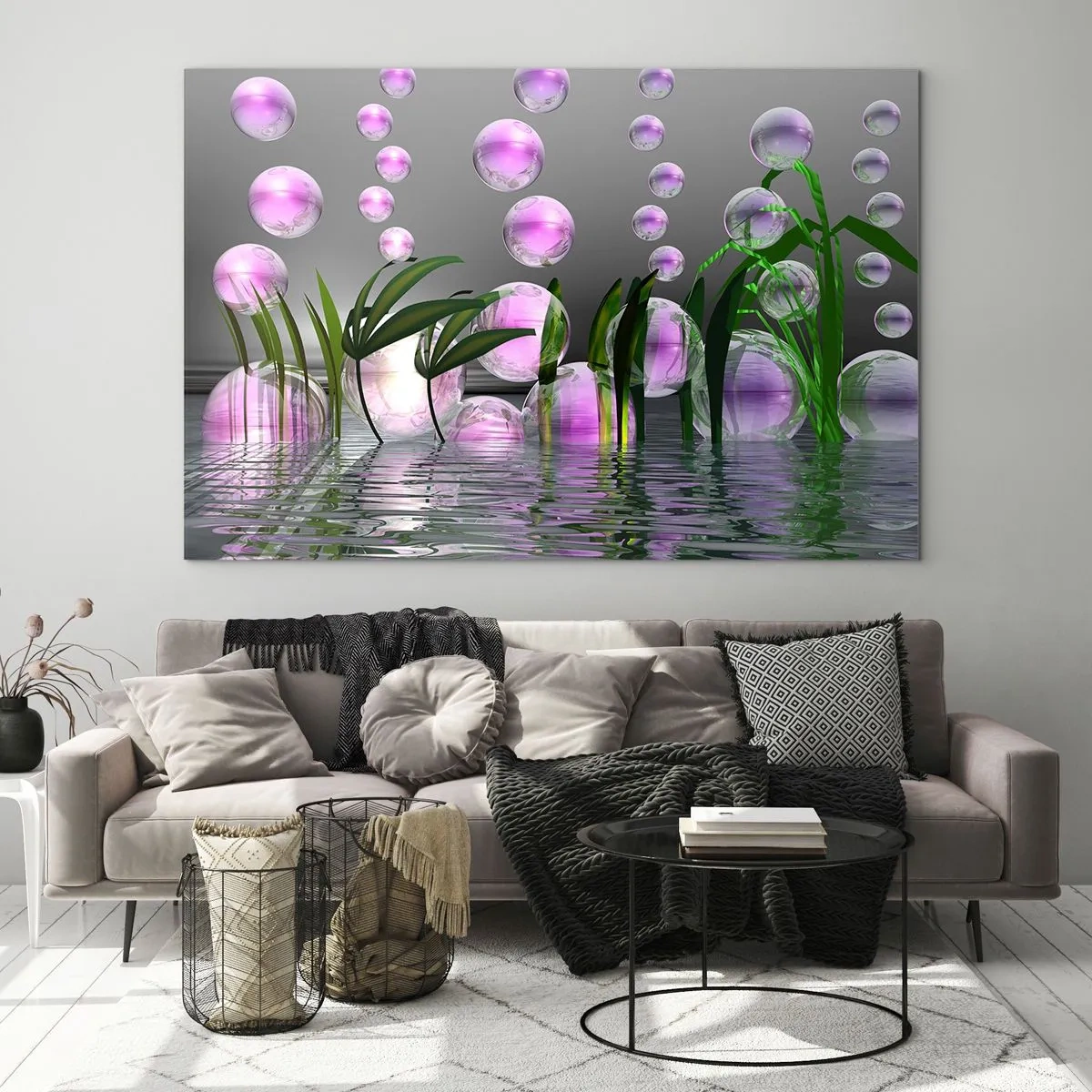 Impression sur verre - Image sur verre - Bulles violettes flottant au-dessus de l'eau avec des plantes - 100x70cm - Une composition réfléchissante de légèreté et de vie - Décoration murale moderne pour le salon et la chambre ARTTOR