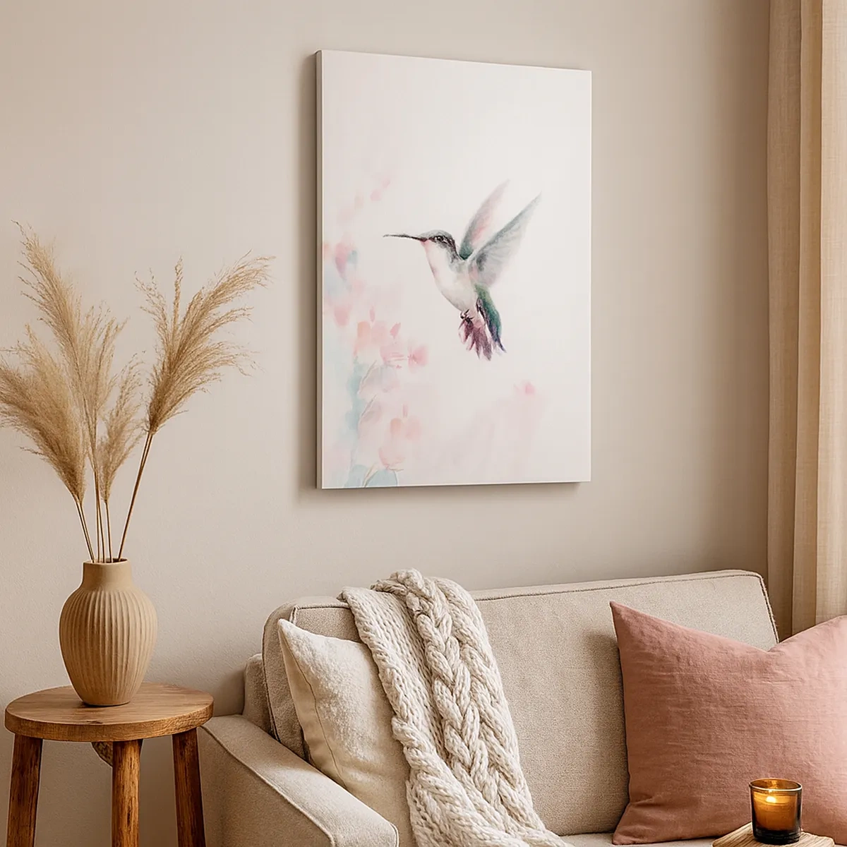 Impression sur toile - Image sur toile - Un colibri aux couleurs pastel délicates sur un fond de fleurs - 50x70cm - Immortalisé dans un battement - Décoration murale moderne pour le salon et la chambre ARTTOR