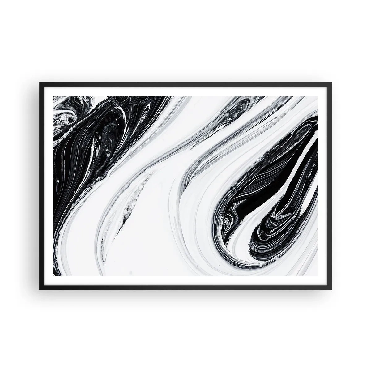 Affiche dans un cadre noir - Poster - Abstraction en noir et blanc avec des lignes et des tourbillons dynamiques - 100x70cm - Une combinaison d'opposés - Décoration murale moderne pour le salon et la chambre ARTTOR