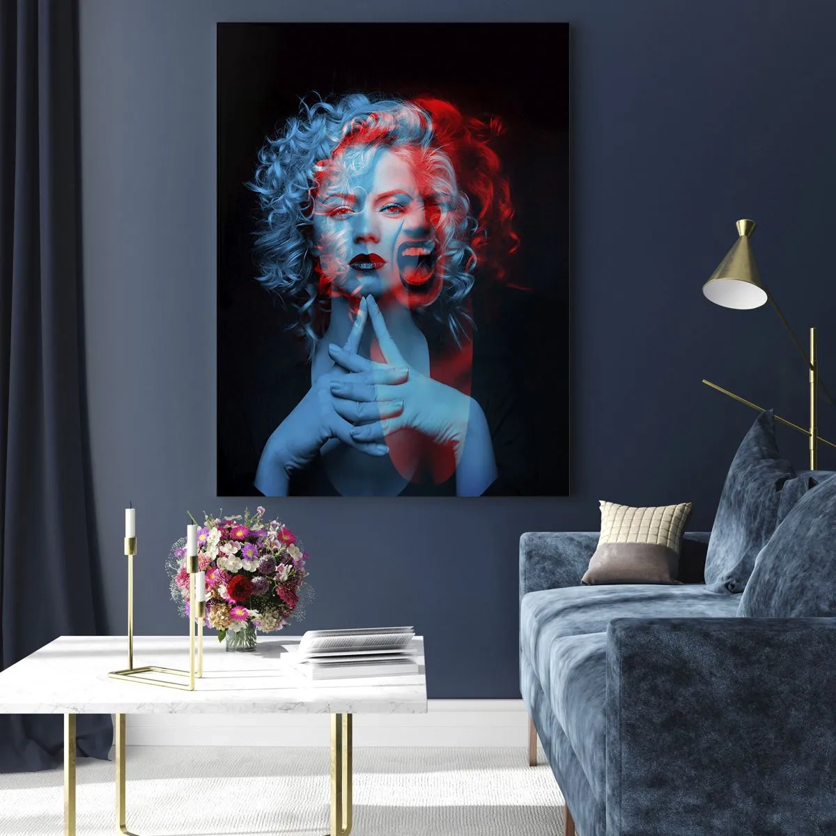 Impression sur verre - Image sur verre - Double portrait de femme en rouge et bleu - 80x120cm - Alter ego - Décoration murale moderne pour le salon et la chambre ARTTOR