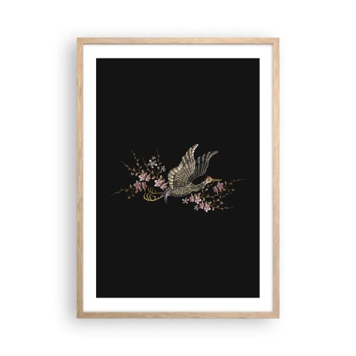 Affiche dans un chêne clair - Poster - Oiseau brodé exotique - 50x70 cm