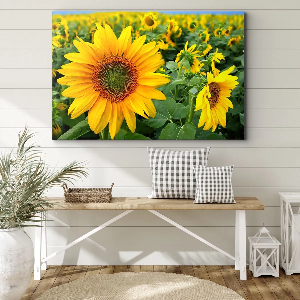 Impression sur toile - Image sur toile - Un champ de tournesols aux fleurs jaunes sur fond de feuilles vertes - 70x50cm - Des centaines de soleils se sont embrasés - Décoration murale moderne pour le salon et la chambre ARTTOR