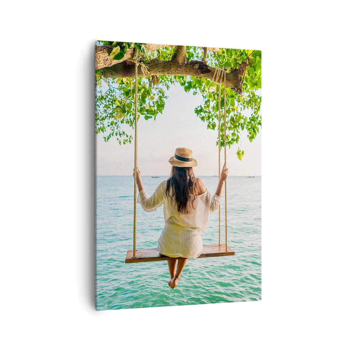 Impression sur toile - Image sur toile - Femme sur une balançoire au bord de la mer dans un paysage tropical - 70x100cm - La vie est belle - Décoration murale moderne pour le salon et la chambre ARTTOR