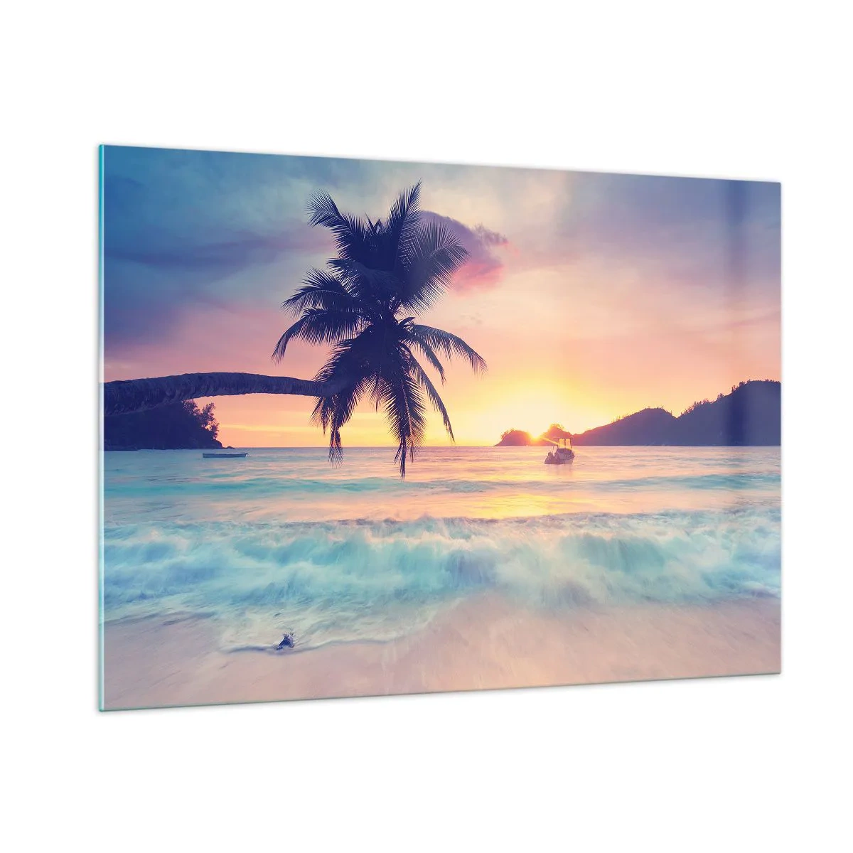 Impression sur verre - Image sur verre - Plage de palmiers au coucher du soleil avec un bateau à l'horizon - 100x70cm - Une soirée à la baie - Décoration murale moderne pour le salon et la chambre ARTTOR