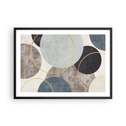Affiche dans un cadre noir - Poster - Cercles géométriques dans les tons de gris, bleu et or - 70x50cm - Cercles sur cercles - Décoration murale moderne pour le salon et la chambre ARTTOR